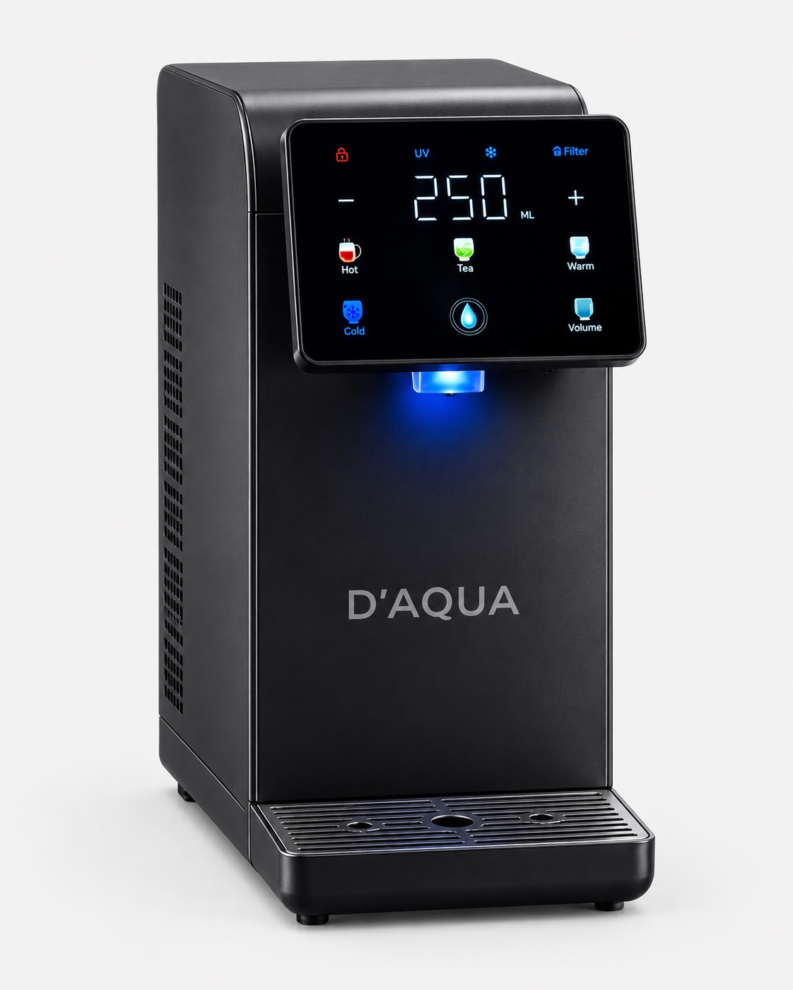 D’AQUA AURA negro: pantalla táctil, dispensador y bandeja del equipo